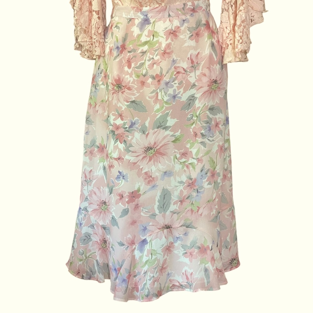 Vintage ALFRED DUNNER Chiffon A-Line Midi Skirt Floral Peachy Pink Lined Size 12